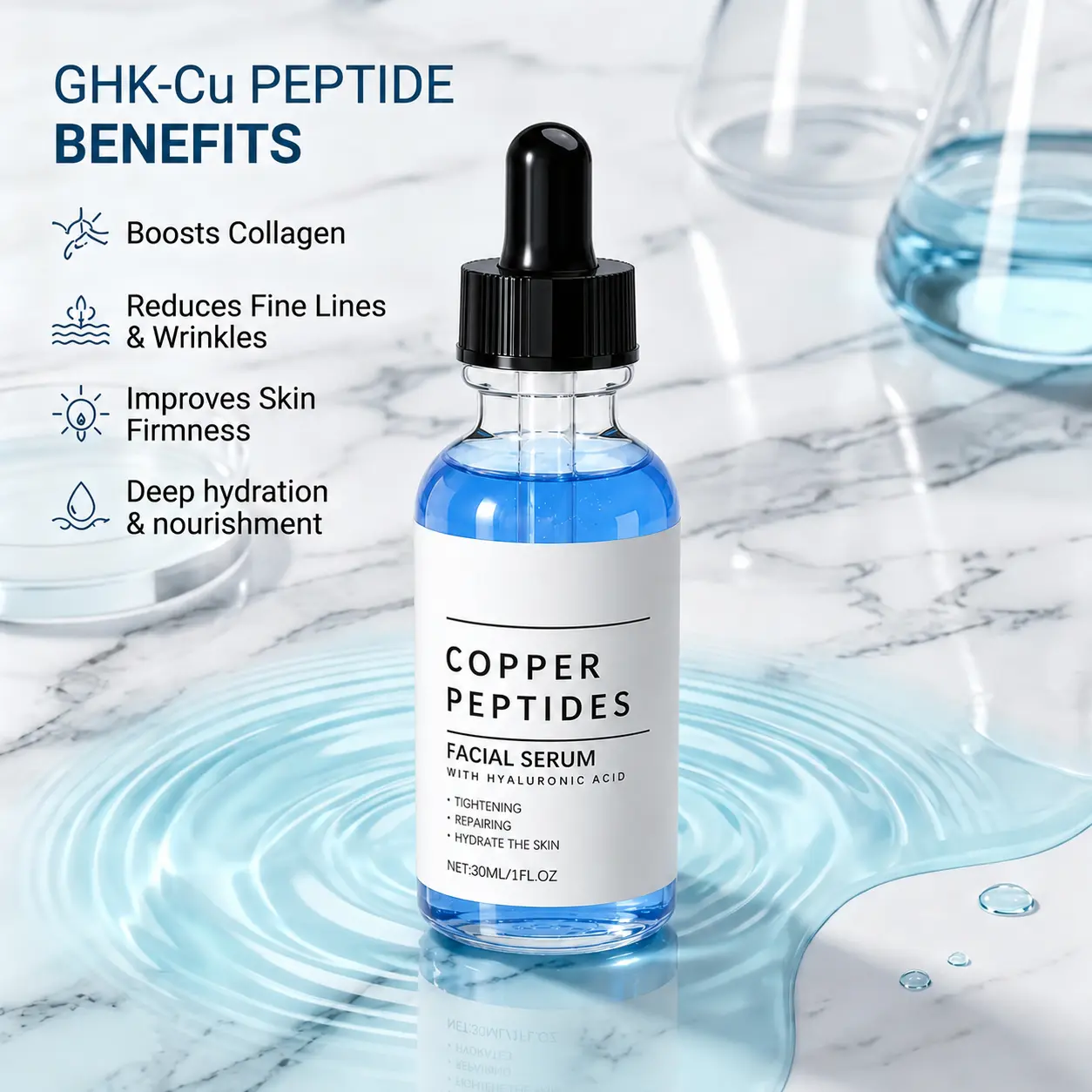 GHK-Cu Copper Peptide Facial Serum - 30 ml Anti-Aging Leave-On Moisturizer, Lightweight Fast-Absorbent Hyaluronic Acid Formula for Hydration & Skin Repair (Skincare Serums & Essences), Hydrate, Barrier Repair, Plump Skin, Damage Repair