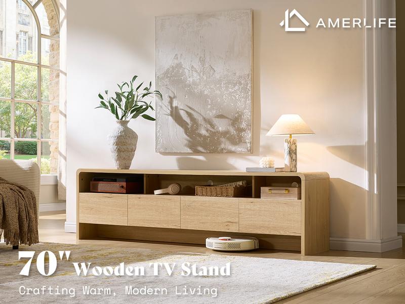 AMERLIFE 70" Modern TV Stand for TVs Up to 80", Wood TV Console with Curved Profile Design & 2 Storage Cabinets, Media Console Entertainment Center for Living Room, Bedroom/Best Gift Ideas/Christmas Gifts AMERLIFE 70" Modern TV Stand for TVs Up to 80", Wood TV Console with Curved Profile Design & 2 Storage Cabinets, Media Console Entertainment Center for Living Room, Bedroom/Best Gift Ideas/Christmas Gifts
