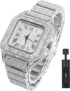 Diamond Iced Out Watch CZ Gold Plated 40mm Width Roman Numerals Dial Quartz Wristband Watch for Men Women