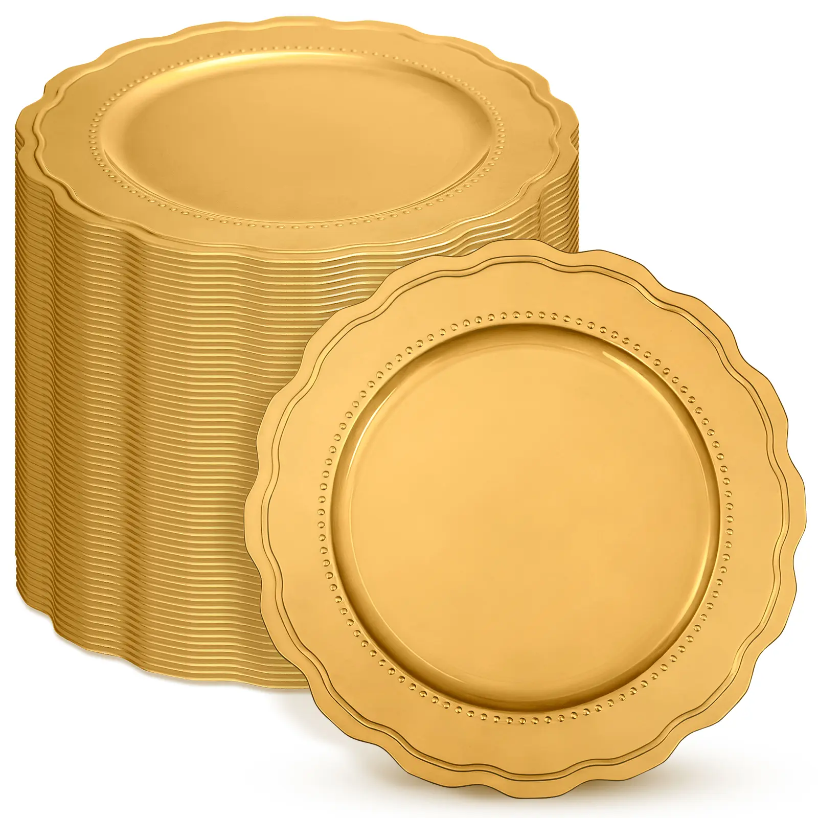 SHOWGEOUS 24/50 Pack Reusable Solid PVC Scalloped Edge Party Plates, Elegant Plastic Charger Plates, Disposable Tableware for Wedding Reception, Table Decoration