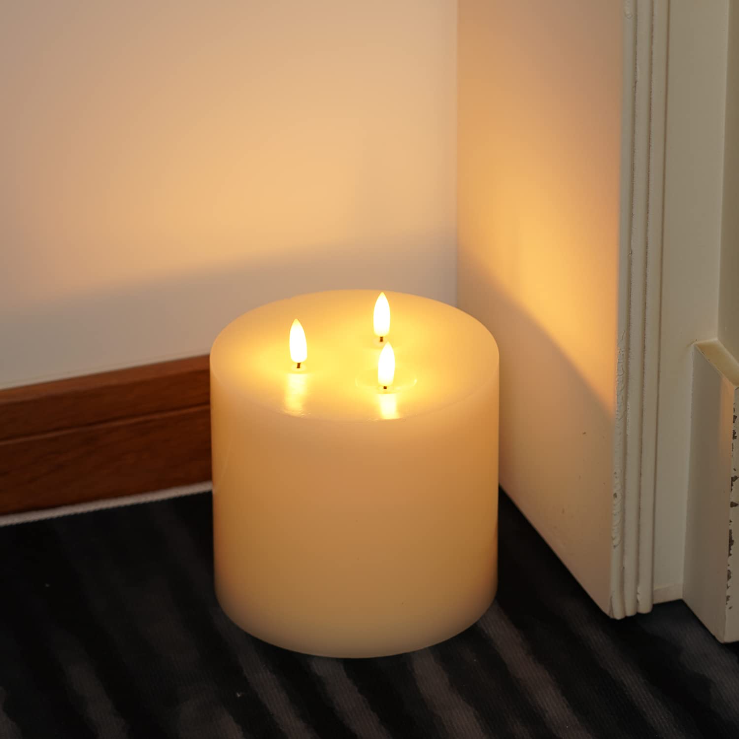 6"x6" Extra Large Flameless Candles with 3 Wicks, Battery Operated Candles with Remote Control and Timers, 6 inch Diameter LED Pillar Candles, Real Wax, Ivory