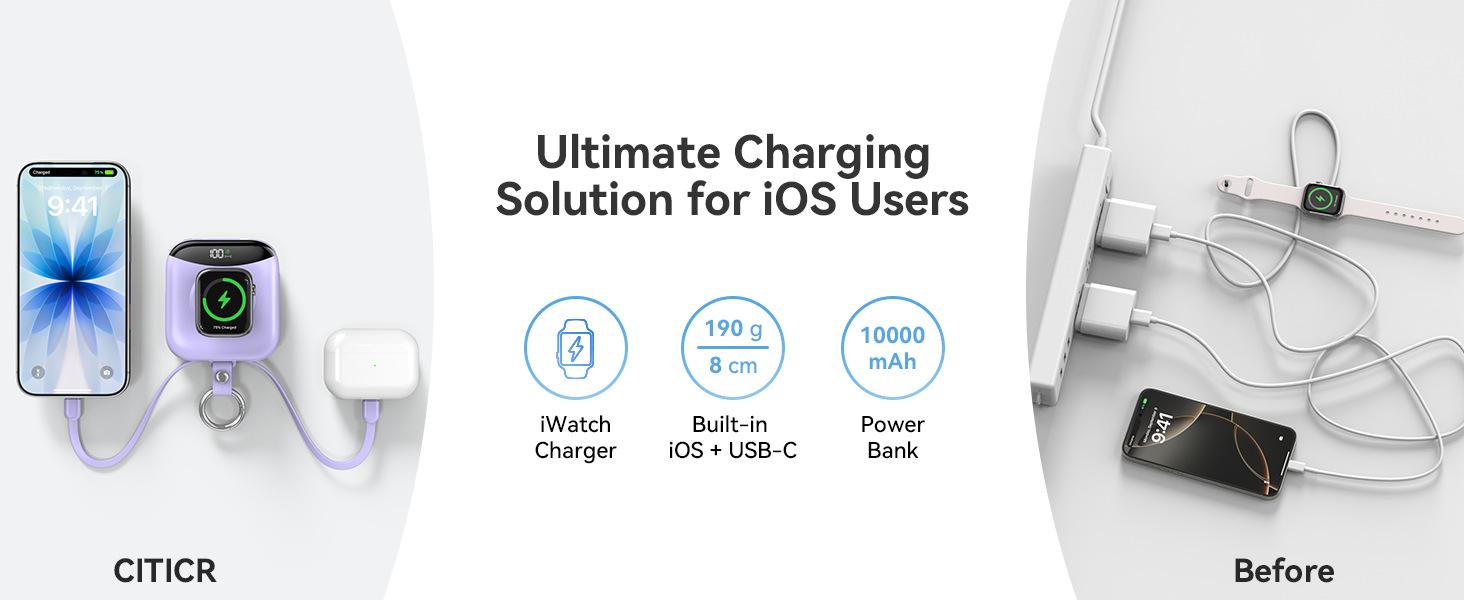 10000mAh Portable Charger Power Bank, 3-in-1 Wireless Battery Pack with Built-in USB-C & Lightning Cables, 22.5W Fast Charging, LED Display for iPhone, Apple Watch & Android Chargeable