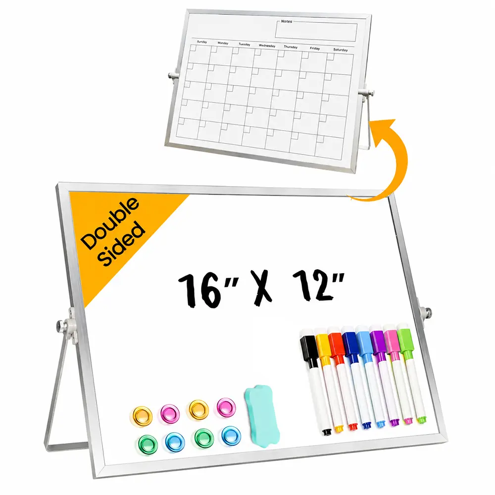 1Set Desktop Whiteboard with Stand, 16" x 12" Double-Sided Dry Erase Board with Stand, Portable Stand White Board for Office, Home, School