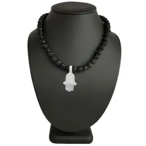 Iced Black Disco Ball Rhinestone Bead Baseball Necklace with Silver Hamsa Pendant