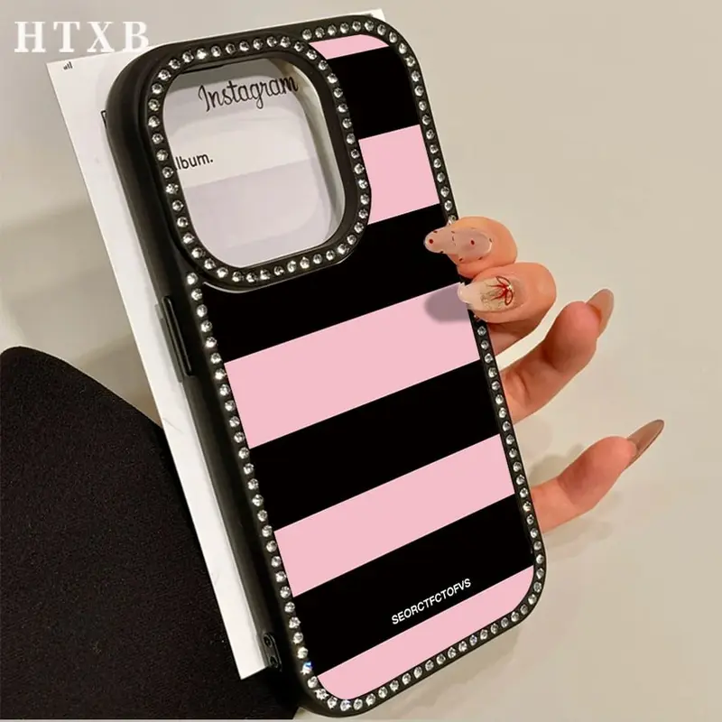 HTXB Pink And Black Striped Letters Pattern Double-Sided Diamond Transparent Mobile Phone Case Thin Light TPE Material For iPhone 17 Pro Air 16 15 14 13 12 11 Pro Max Plus Air 16e Christmas Valentine's Day Gifts