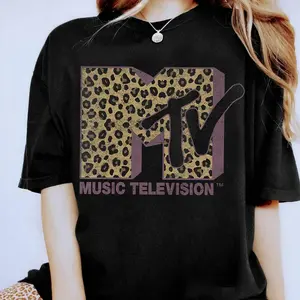 Womens MTV Classic Leopard Print Bold Logo Shirt, Music Television MTV Logo Tee, Retro 80s 90s Style MTV Tee, Family Matching Tee