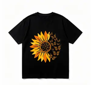 Women's Olive Green Sunflower & Butterfly T-Shirt: Cotton loose crewneck summer short sleeve, olive green base with sunflower and butterfly print, suitable for sports, yoga and daily wear;