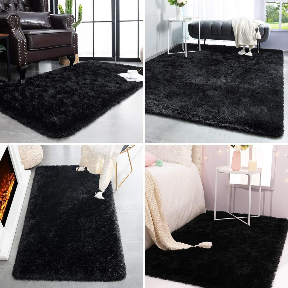Super Soft Shaggy Rugs Fluffy Carpets, 4x5.9 Feet, Indoor Modern Plush Area Rugs for Living Room Bedroom Kids Room Nursery Home Decor, Upgrade Anti-Skid Rectangular Fuzzy Rug, Black