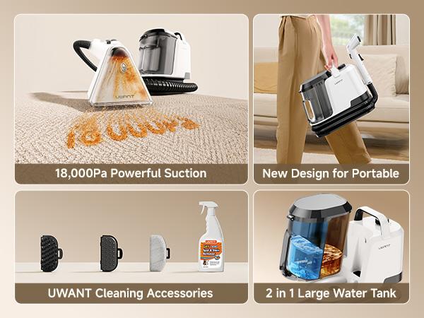UWANT ZY B300Pro Portable Carpet Cleaner Machine - Powerful Suction Vacuum, 18000pa Suction, Deep Steam Clean & Water Extraction, Lightweight Handheld Household Item for Car+Home Use Area Rug Upholstery