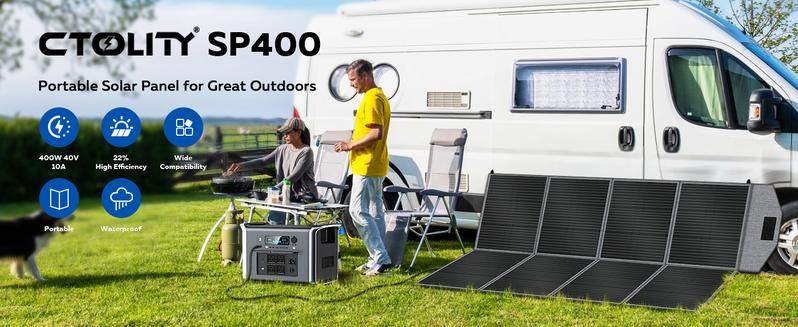 Holiday Haul CTOLITY SP400 400W Foldable Solar Panel 41V 10A for Outdoor Camping RV Power Station with 8F Bracket & 22% Efficiency Folding