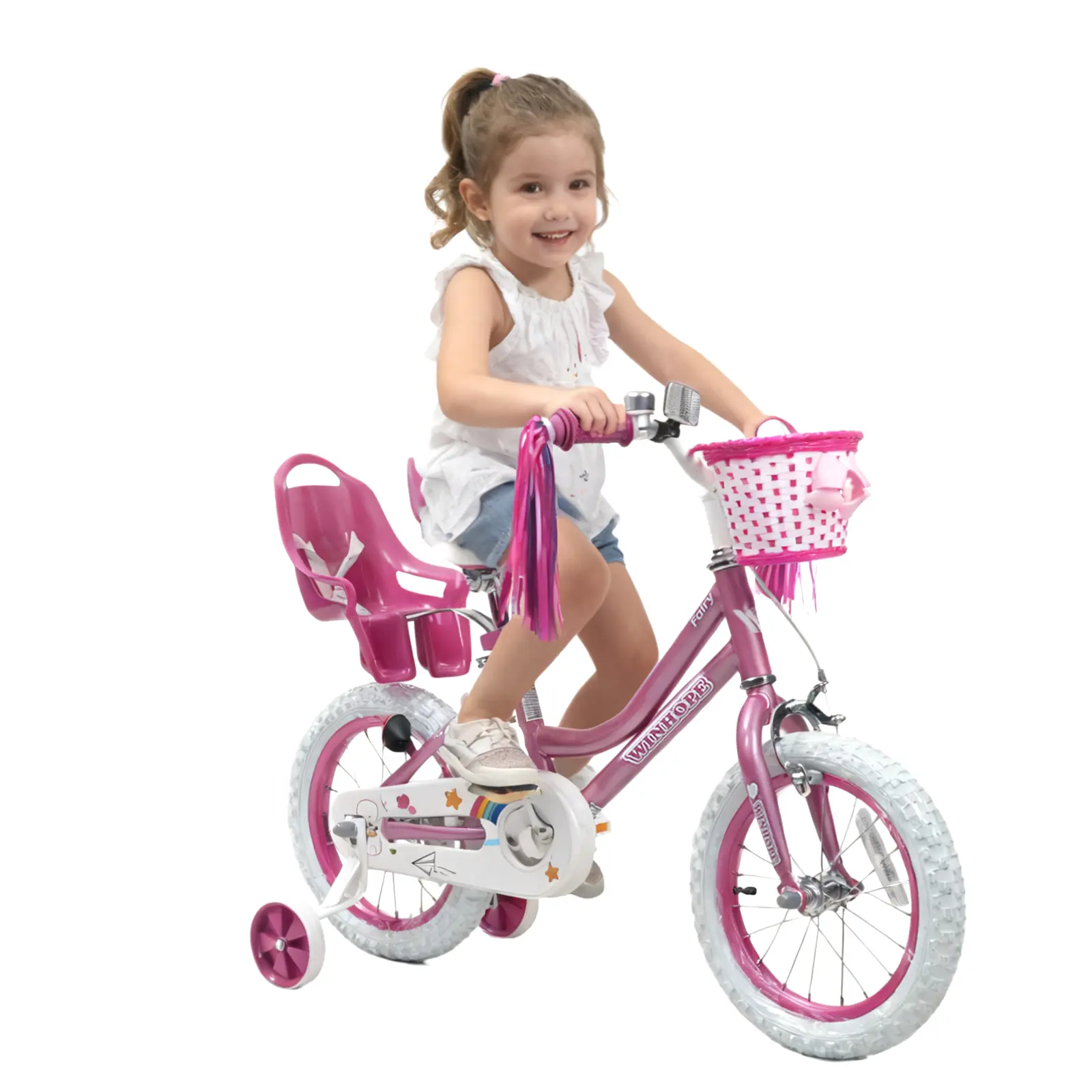 Winhope Little Fairy Children’s Bicycle for Ages 2–9 | 12–20 inches with training wheels, front basket, doll seat, handlebar streamers | 95% pre-assembled, dual brakes, adjustable seat/handlebar