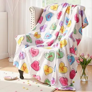 Valentines Day Decor: Hand-Painted Candy Heart Flannel Fleece Throw Blanket, Ultra Soft Plush Travel Blanket, Cozy Romantic Valentines Gift for Couple Women Home Bed Sofa Decor