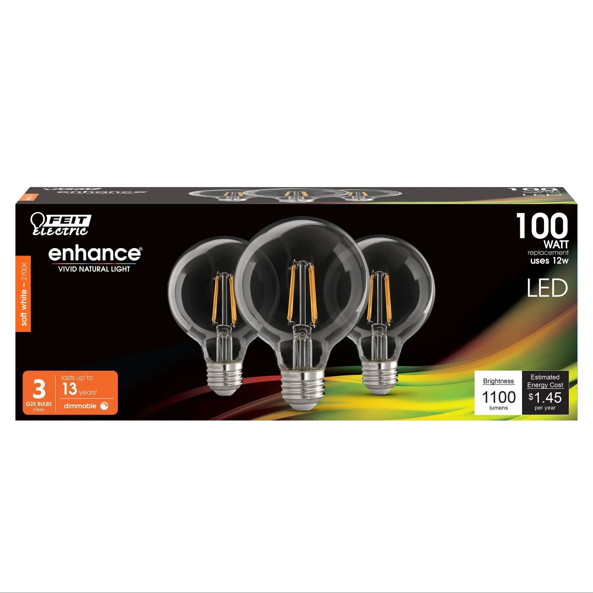 Feit Electric 100 Watt Replacement Soft White 2700K E26 Base G25 Dimmable LED Light Bulb 3 Pack