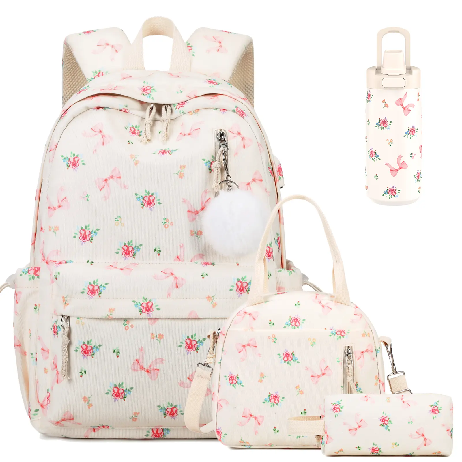 SIMILOVE 3/4PCS Backpack for School- Corduroy Girls Backpack with Lunch Bag & Pencil Case & Sports Cup,school bag for Elementary Middle High School,Back to School Gift,Birthday's Gift