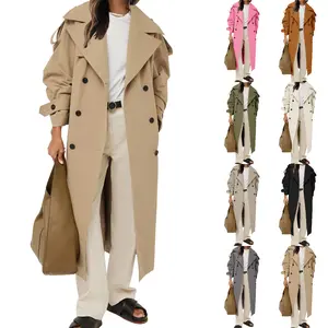 LAICIGO Womens Trendy Street Style Oversized Long Trench Coat Double Breasted Lapel Windproof Overcoat with Belt
