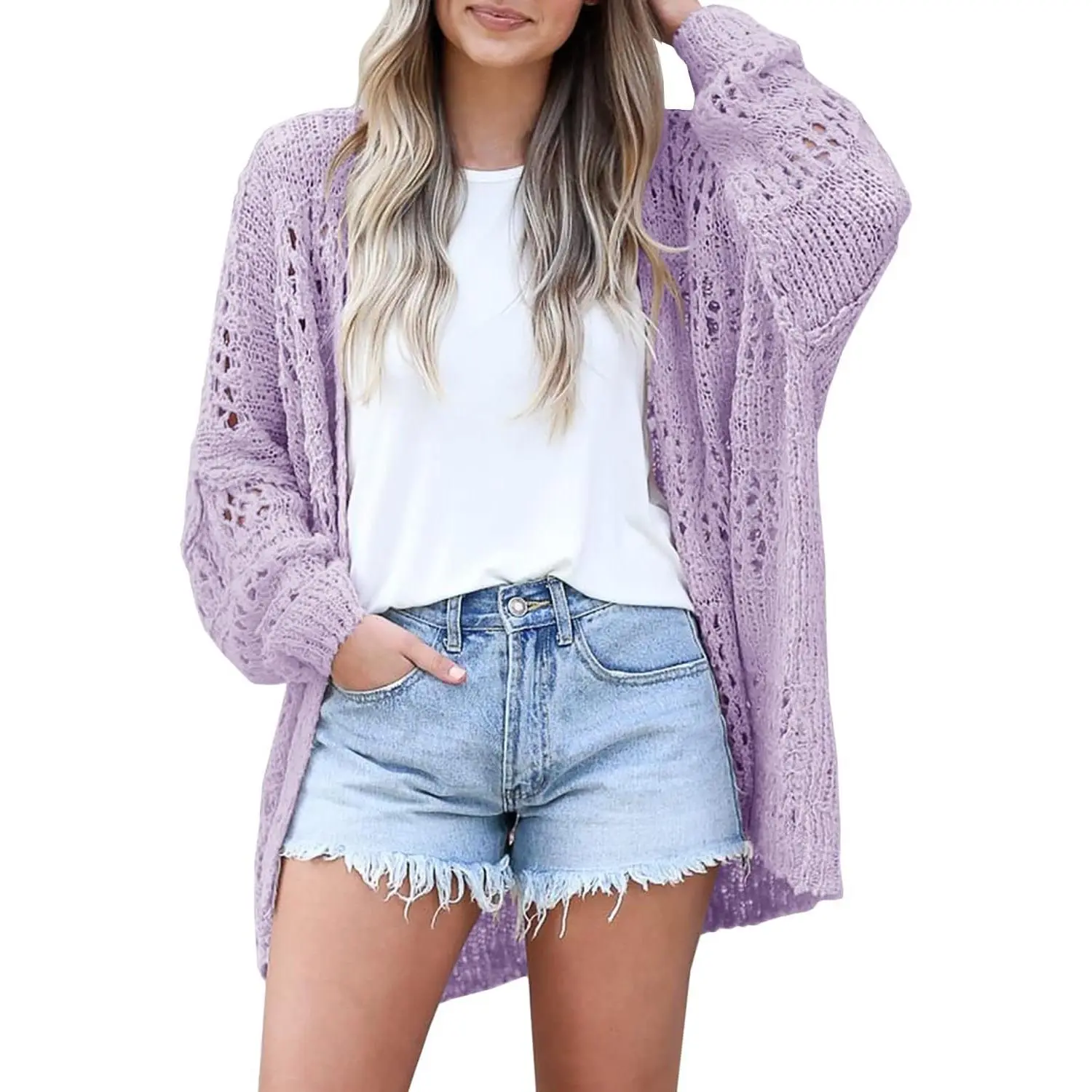 Saodimallsu Women's Crochet Cardigan Kimono Boho Long Sleeve Lightweight Soft Oversized Open Front Knitted Sweater  Knitwear Womenswear Summer Tops Knitting,back to school,back to school shopping, Lady, Basic