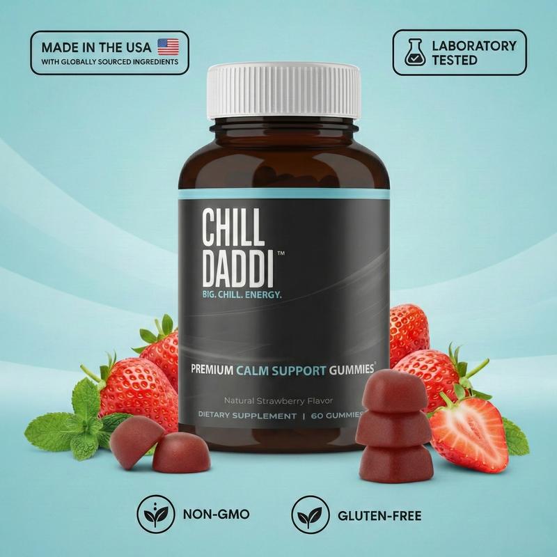 Chill Daddi - Premium Calm Support Gummies - Strawberry Flavor, 60 Count - L-Theanine, GABA & Magnesium Supplement - Dietary - Vitamin