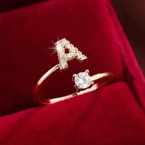 26-letter zircon ring with adjustable opening, suitable for everyday wear and as a gift for women.