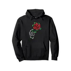 Men's gothic skeleton hand holding a red rose Graphic Hoodie - Cotton Blend Black Long Sleeve Pullover Regular Fit |   Soft & Breathable Fabric, Durable Print, Everyday Comfort, Machine Washable, gothic and tattoo-inspired art casual wear for Halloween,