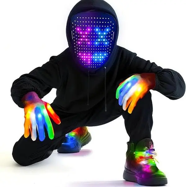 3-Set Halloween Gesture Sensing LED Mask with Glow Skeleton Gloves & Shoelaces, Light-Up Costume Accessory, Festive Parties Accessories, Glow Effect Gift for Teens