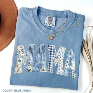 Comfort Colors Mama Blue Toile Patchwork Floral Easter T-shirt, Chinoiserie Shabby Chic Graphic, Cottagecore Shirt