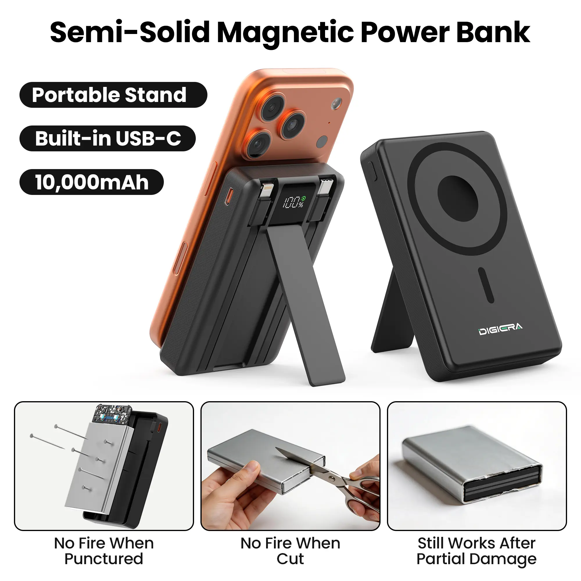 Digiera 10000mAh MagSafe Magnetic Portable Charger - Smartphone Mobile Accessories with LED Display, Dual USB-C/Lightning Cables, Phone Stand, Compatible with iPhone 17/16/15/14/13/12 Series EDC Gear