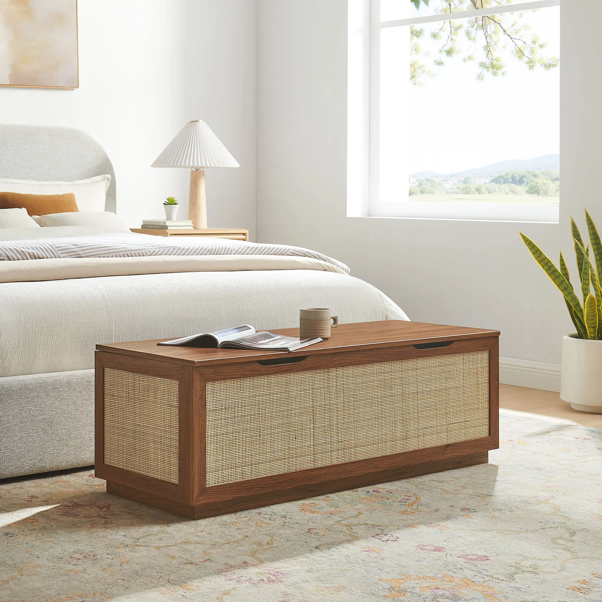 Soma Rattan Storage Bench - Walnut Finish, Bedroom & Entryway Use, Space Saving Furniture, Rattan Wrap Design, Flat Base Indoor Stool & Bench