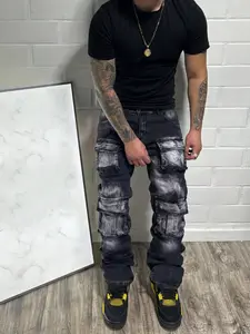 SRETOUU Men's High Street Fashion Multi-Pocket Loose Fit Cargo Jeans Solid Color Casual Straight-Leg Long Pants Light Wash Extra Baggy Wide-Leg Denim - Fabric