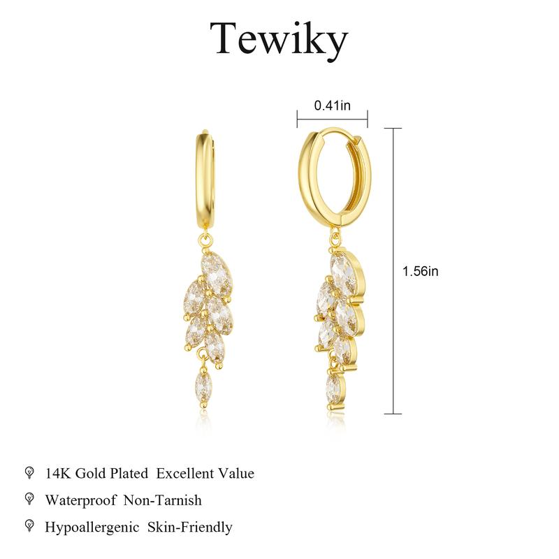 Tewiky 14K Gold/Silver Plated Zircon Leaf Earrings for Women Trendy Zircon Small Dangle Hoop  Hypoallergenic Earrings Stacks For Valentine's Day gifts