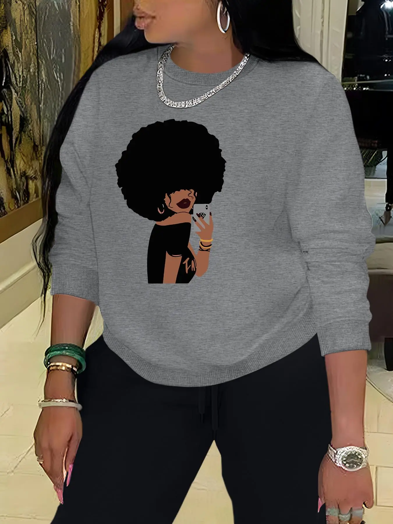 Women's Letter & Afro Girl Print Crew Neck Sweatshirt, Casual Long Sleeve Pullover Tops for Fall & Winter, Women's Clothes for Daily Wear