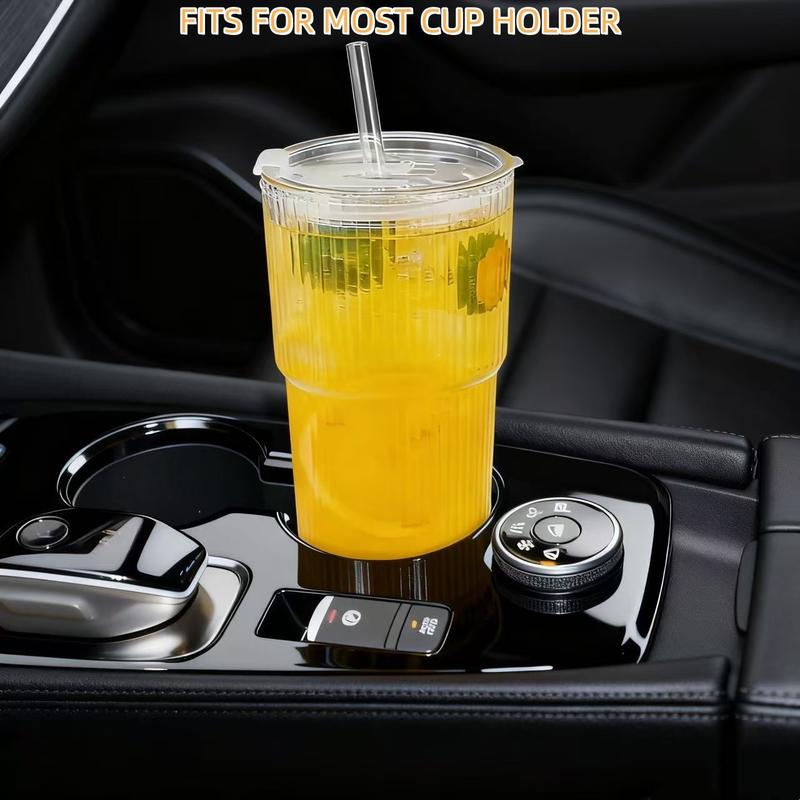 2Sets Glass Tumblers with Lids & Straws, Portable Glass Coffee Cups, Ribbed Glass Cup for Iced Coffee, Cocktail, Juice Classic Drinkware