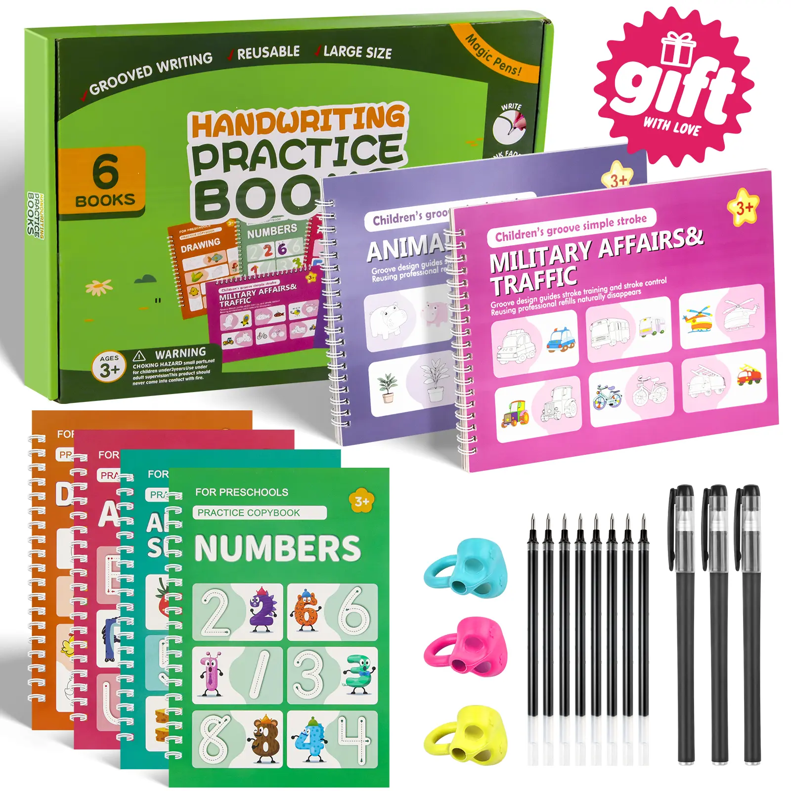 2026 New Magic Grooved Writing Practice Books,Reusable paper Handwriting Workbooks, Copybooks,Box Pack For Kids Ages 3-8,Second Grade Educational Learning Tools,Kindergarten Prep,Spiral Notebook PenSet,Back-to-school Season