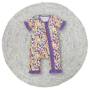 Baby Girls Mardi Gras Crawfish Short Sleeve Round Neck Ruffle Zip Footie Rompers Sleepwear