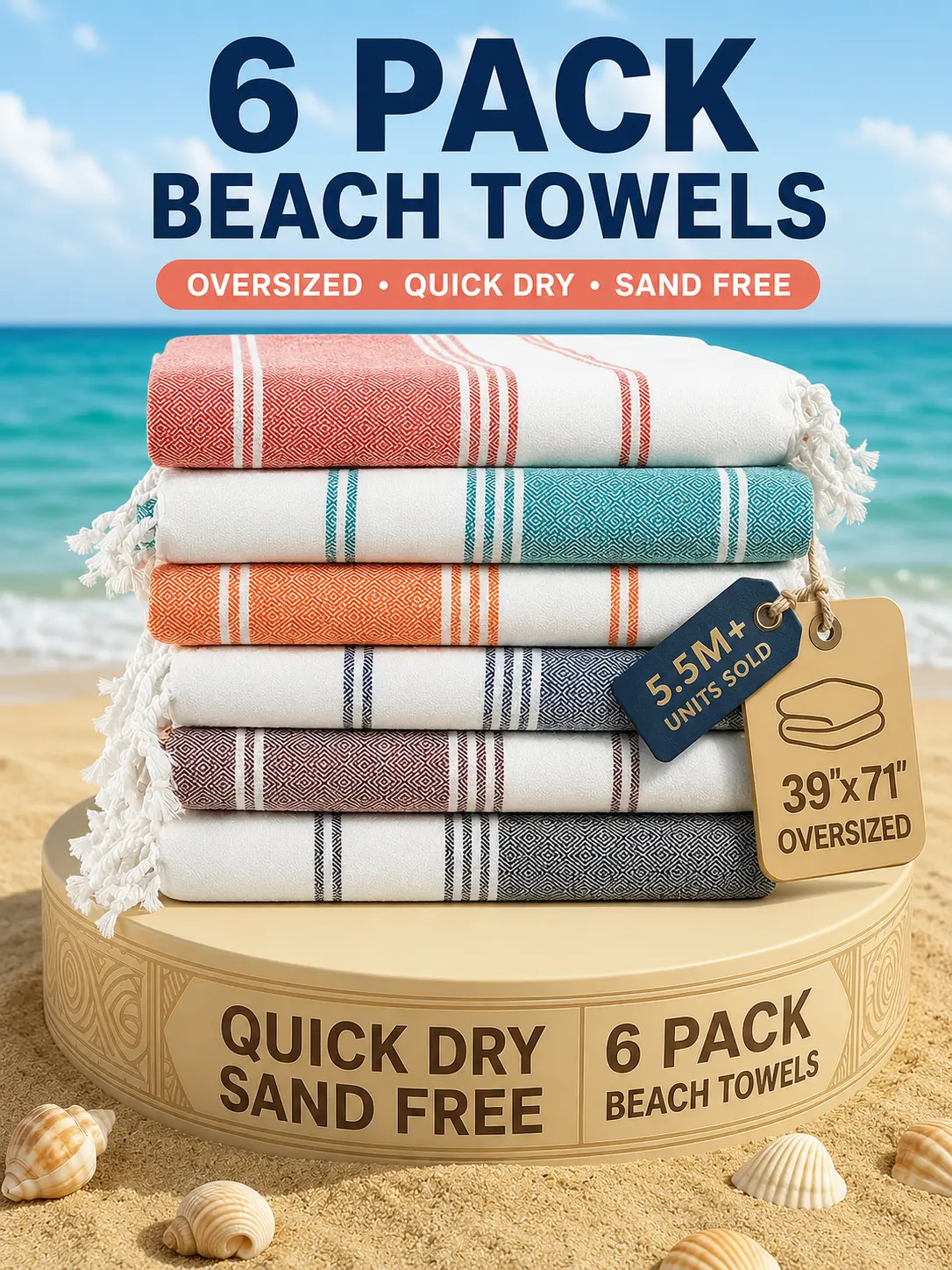 LANE LINEN Lightweight Soft Modern Flat-Weave XL Beach Towel (39"x71") - 2026 Summer, Breathable, Quick Dry, Sand-Free, Pre-Washed, 70% Cotton, 40+ Designs, Multi-Pack Option, for Pool & Travel, Lightweight Soft Towel, Beach Necessities, Blend Beach Towel