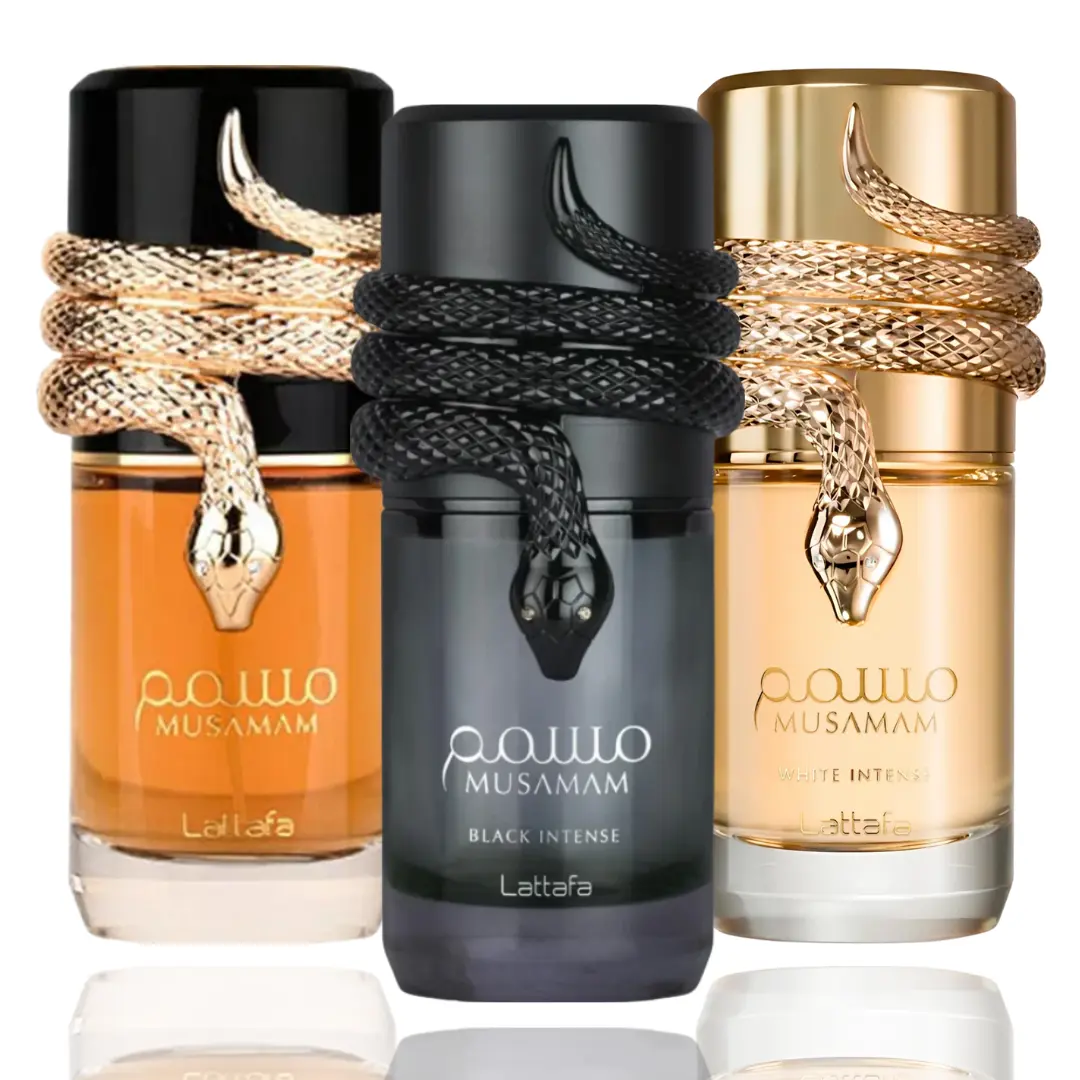 Lattafa Bold 3-Piece Unisex EDP Spray Perfume Bundle Set - Musamam White Intense, Musamam Black Intense, Creamy Amber - Aromatic Luxurious Scent, Long-Lasting Fragrance Scent Blend (3 Bottles)