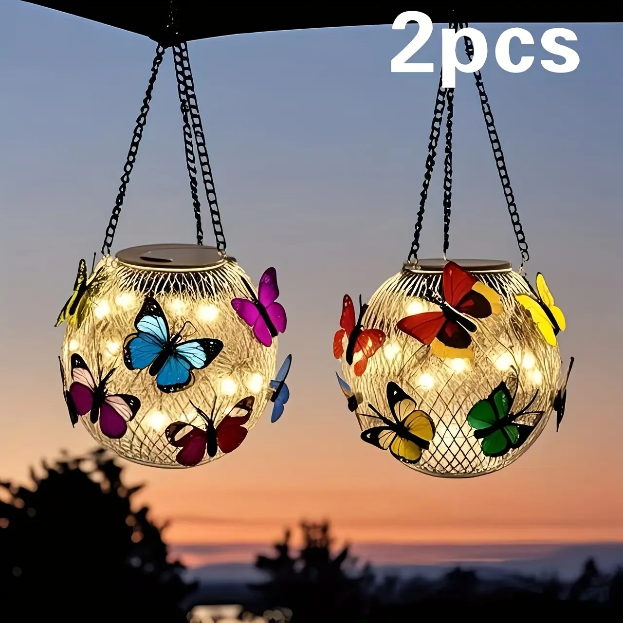 Solar Powered Butterfly Motif Hanging Lights, 2-Pack Metal Globe Outdoor Warm Glow Lanterns for Patio, Garden Decor