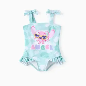 Disney Angel from Lilo & Stitch Girls One Piece Swimsuit - Mint Tropical Print Ruffle Hem Swimsuit with Bow Straps, Official Character Swimwear for Toddlers & Little Girls