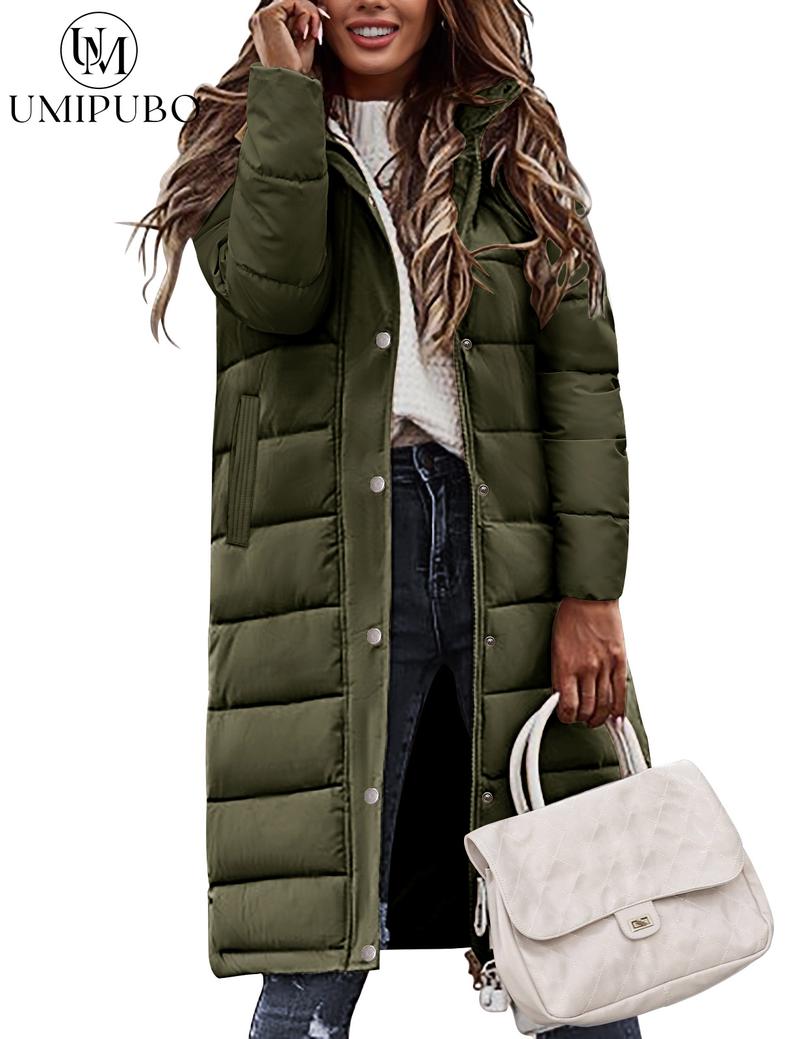 UMIPUBO Winter Womens Long Puffer Coat Down Thicken Warm Quilted Jacket Mid-Length with Side Zipper & Hood Outerwear Casual Womenswear