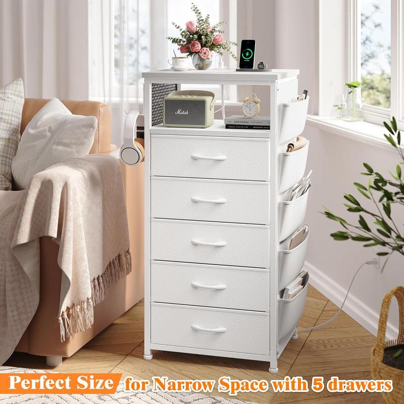 [with Free Gifts] Raybee LED Nightstand with Charging Station, Set of 1-2 Side Table with 5 Dresser Drawers, Tall LED Nightstands with USB Ports & Outlets, White End Table with Side Bag & Storage Shelf, Bedroom Furniture, Cabinet