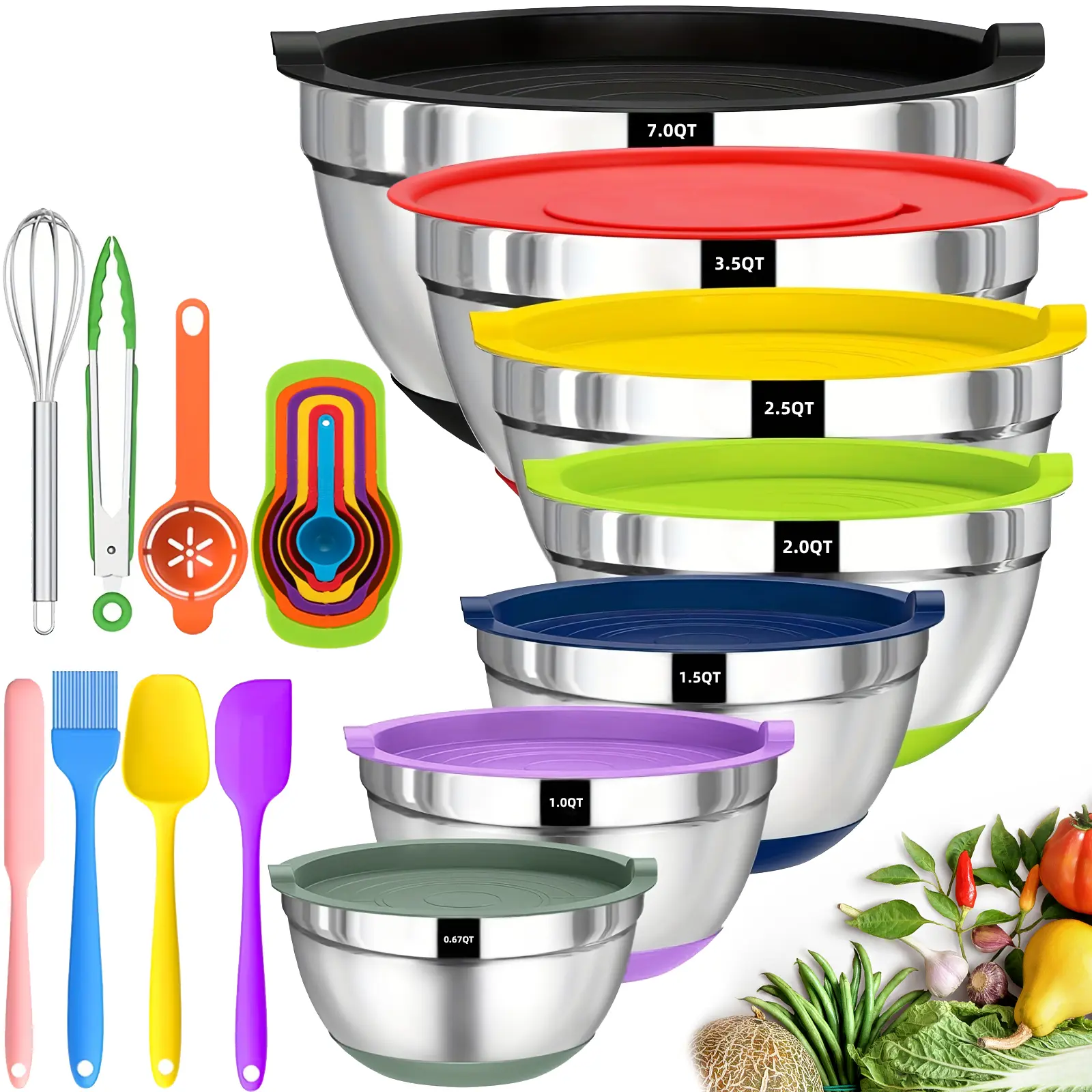 【Summer Sale】Mixing Bowls with Airtight Lids, 20pcs Stainless Steel Nesting Colorful Mixing Bowls Set Non-slip Silicone Bottom, Size 7, 5.5, 4, 3.5, 2.5, 2, 1.5 qt, Fit for Mixing & Serving