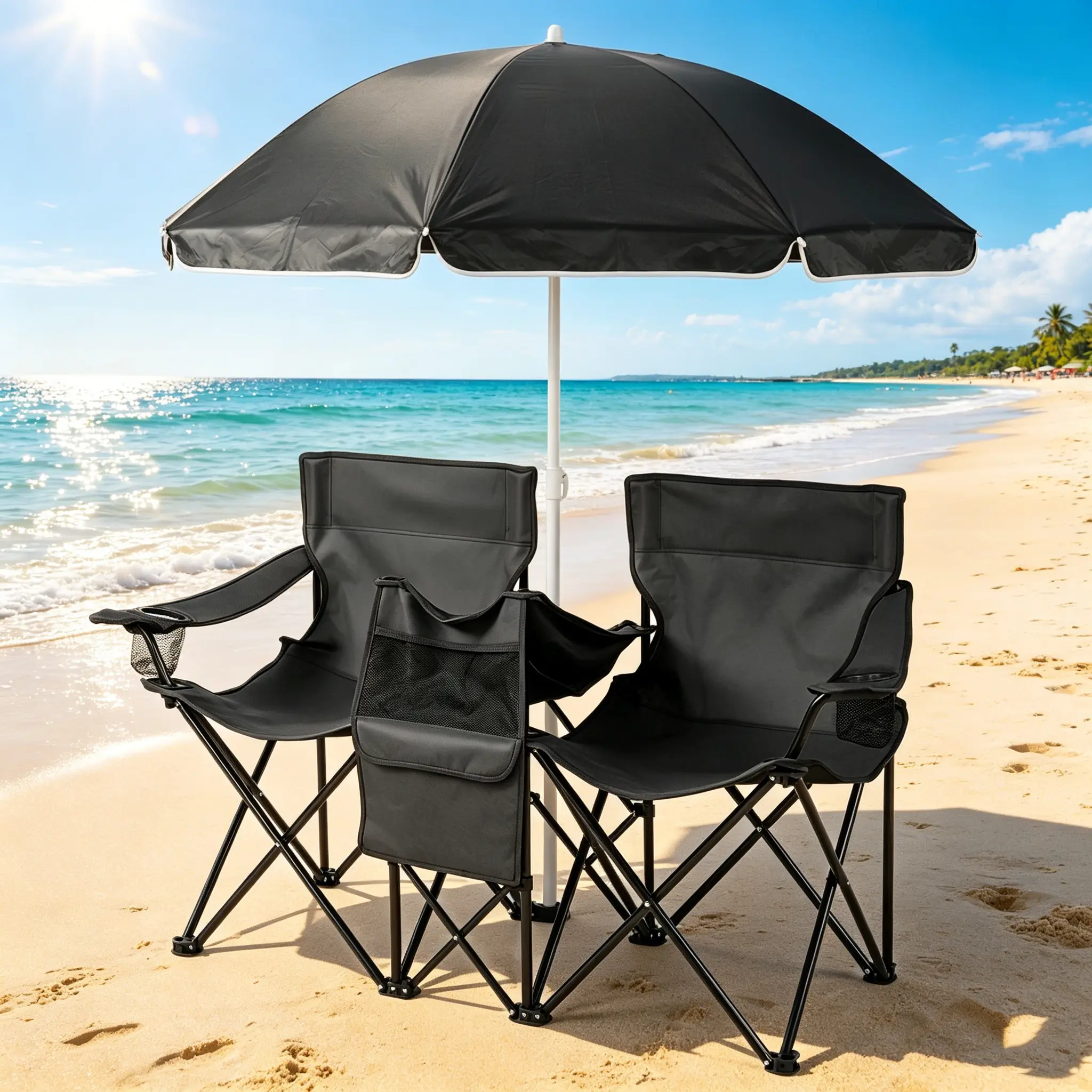 XL Double Folding Fishing Chair - Heavy Duty 480 lbs Capacity, with Umbrella, Cooler Bag, Cup Holders, Portable Outdoor Chair for Camping, Beach Use, Black, Outdoor Folding Chairs, Sun Protection