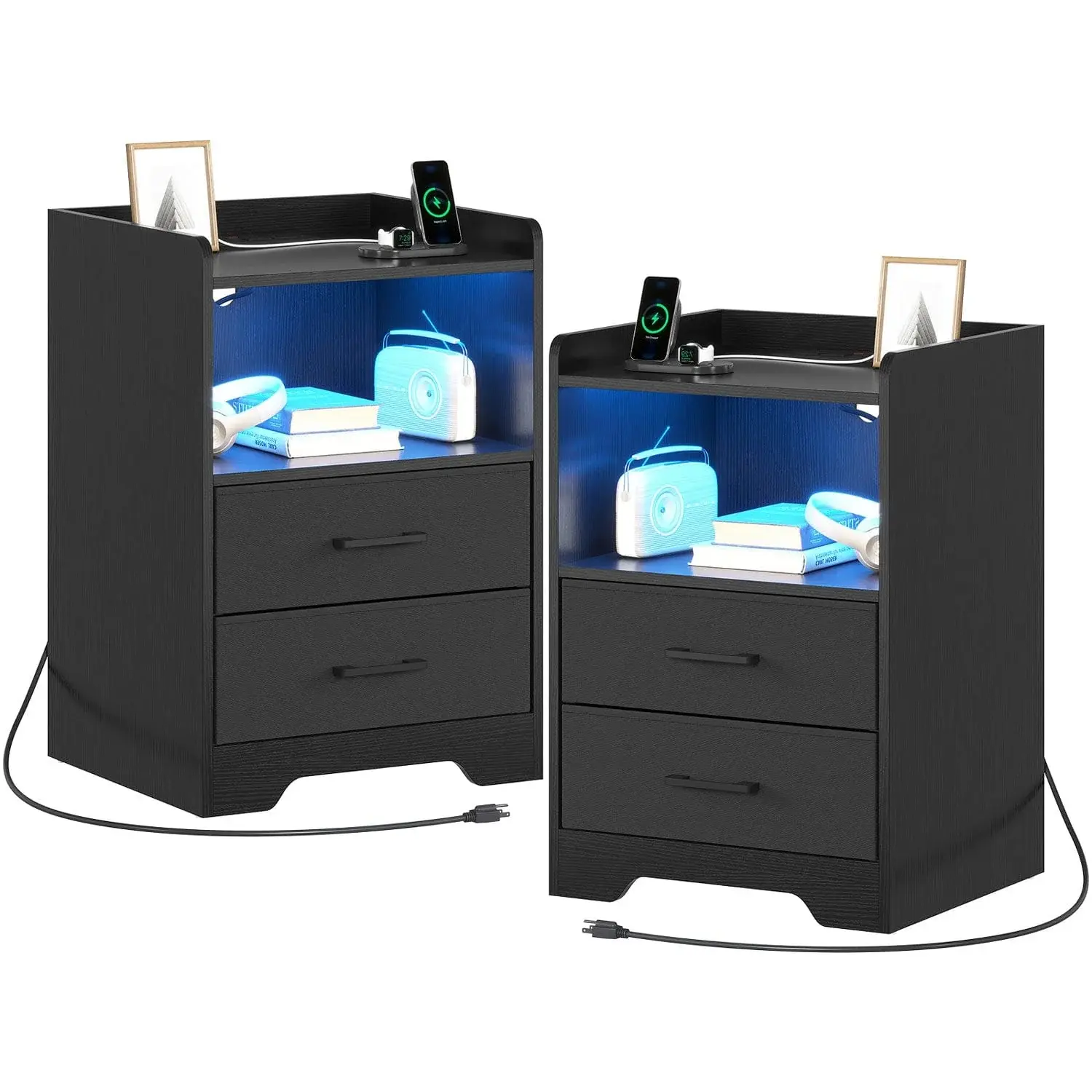 Sikaic 2PCS Modern Black Wooden LED Nightstands - 2-Drawer Tidy, Built-in Charging Station, Multi-Mode Lights, Vanity with Lights for Modern Bedroom, Wooden Tabletop Bedside Furniture
