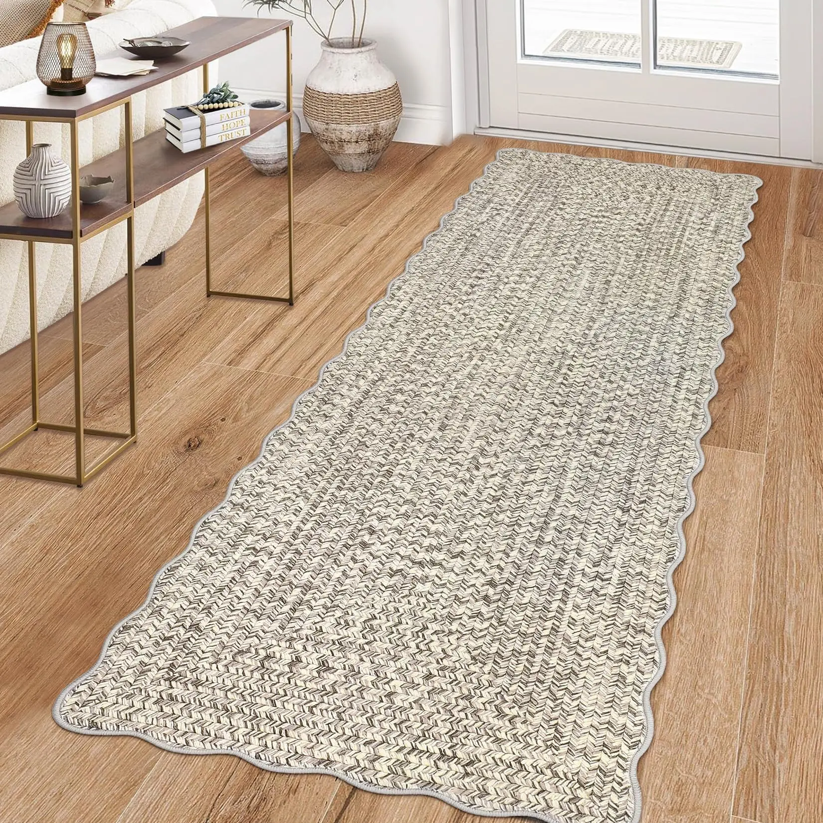Garvee Imitation Braided Collection-Print Washable Runner Rug 2x6 Scalloped Non Slip Kitchen Rugs Indoor Entryway Rug Soft Bath Mat Stain Resistant Carpet for Bedroom Hallway Laundry Nursery 2'x6'