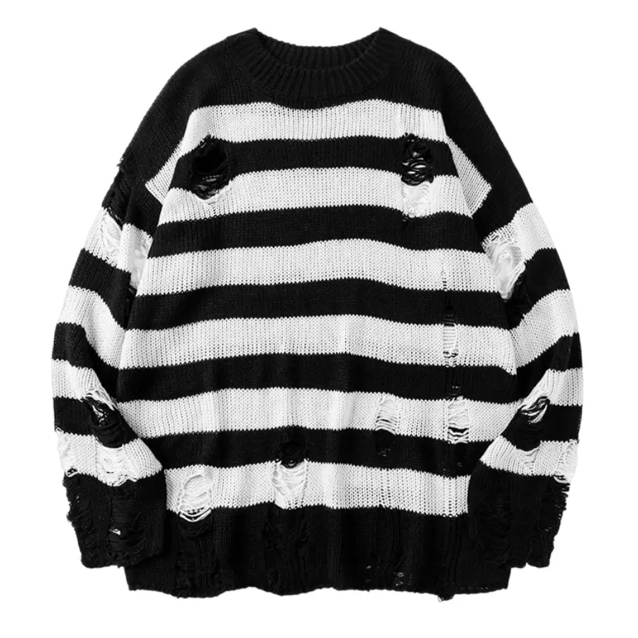 Men's Distressed Striped Sweater, Casual Loose-Fit Knit Pullover with Torn Holes, Long Sleeve Slimming Cut Top, Knitting, Ripped, Round, Sweaters, Casual Wear, Full Sleeves, Acrylic Knit, Pullover Neck, Medium Length, Loose Cut, No, Menswear, Round Neck,