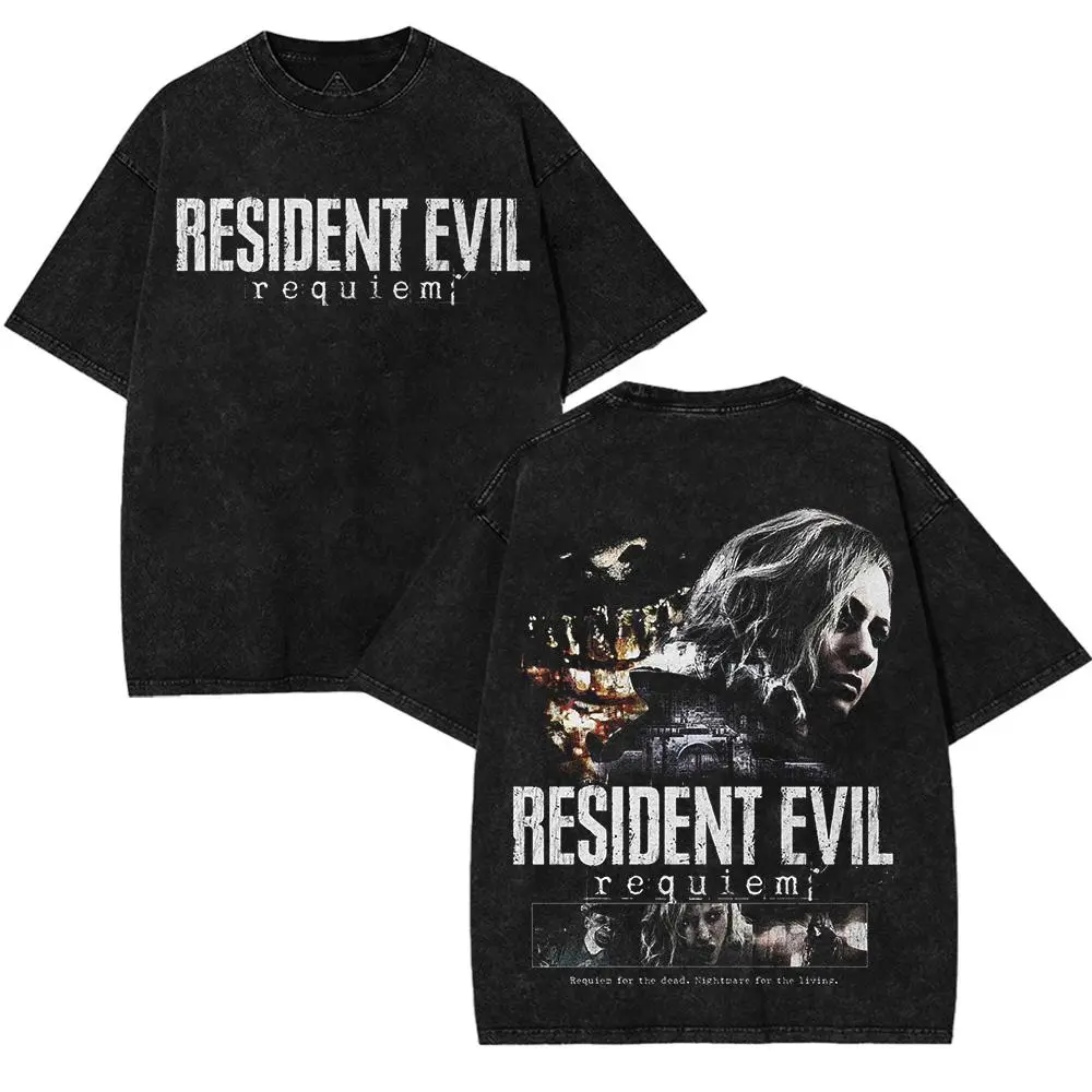 Resident Evil Requiem for the dead art horror Game Washed Tshirt 2 Sided Cotton unisex graphic tees game anime manga movie Menswear Casual graphic t-shirts back print Fabric Top