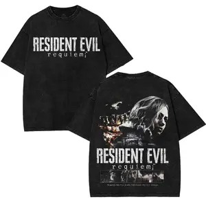 Resident Evil Requiem for the dead art horror Game Washed Tshirt 2 Sided Cotton unisex graphic tees game anime manga movie Menswear Casual graphic t-shirts back print Fabric Top