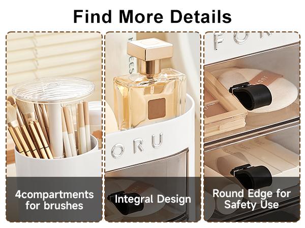 UFORU Makeup Organizer with Drawers for Vanity, 4 Slot Brush Holder with One Touch Open,Spacious Cosmetic Storage for Dresser Vanity and Bathroom Countertop, Beauty Holder for Lipstick Skincare makeuporganizer jewelry organizer WhiteBoxes