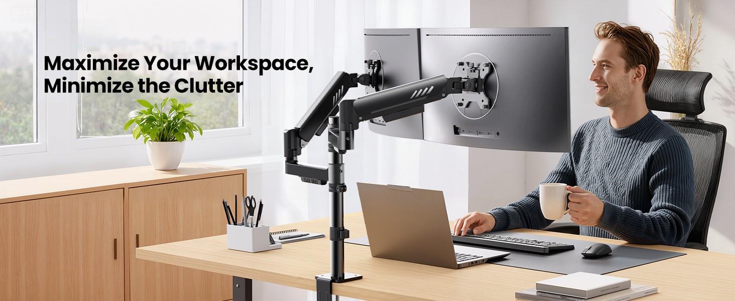 HUANUO Supports 13-32″ screens, up to 19.8 lbs per arm. Features built-in C-clamp, enhanced stability, and upgraded cable management. VESA 75x75mm/100x100mm compatible. Black finish. HUANUO Supports 13-32″ screens, up to 19.8 lbs per arm. Features built-in C-clamp, enhanced stability, and upgraded cable management. VESA 75x75mm/100x100mm compatible. Black finish.