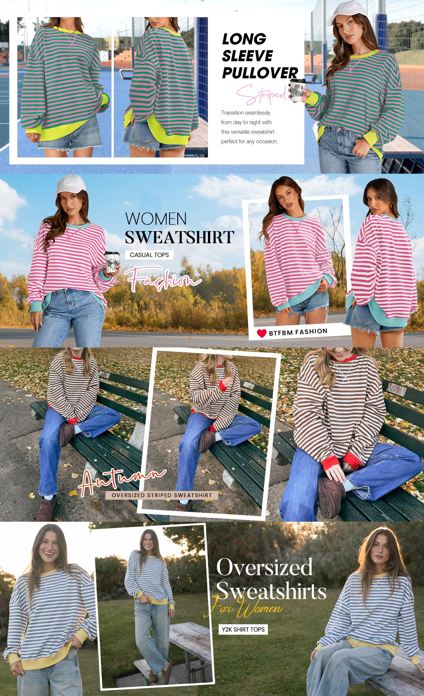 BTFBM Women's Striped Hoodie Sweatshirt with Long Lantern Sleeves for Fall 2026 - Womenswear