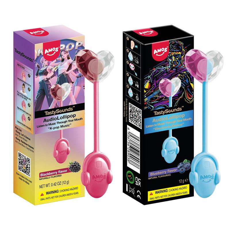 Amos TastySounds Music Lollipops – Sugar-free heart-shaped candies with bone conduction music tech | K-pop inspired Strawberry, Blueberry, Watermelon, Blackberry Fallontonight lollipop star